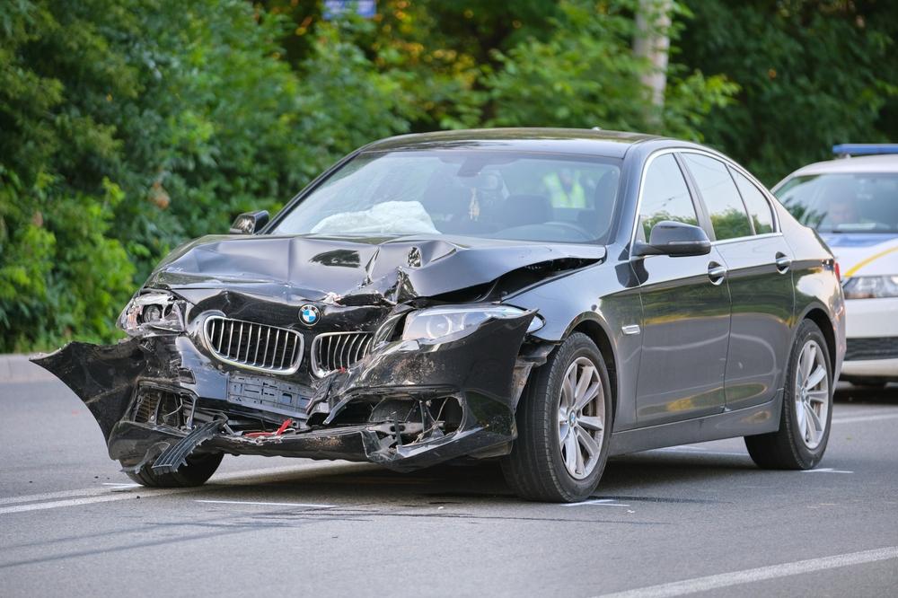 Severely damaged car after a New Jersey crash that may meet the verbal threshold for a pain and suffering claim